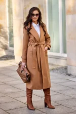 Taillierter langer Mantel mit Reverskragen - Camel