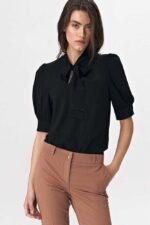 Schwarze Kurzarm Bluse mit Puffärmel
