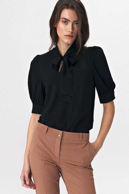 Schwarze Kurzarm Bluse mit Puffärmel