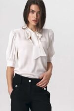 Weisse elegante Kurzarm Bluse mit Puffärmel