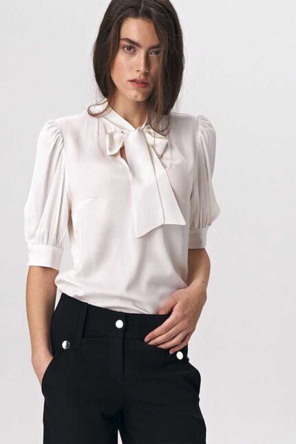 Weisse elegante Kurzarm Bluse mit Puffärmel