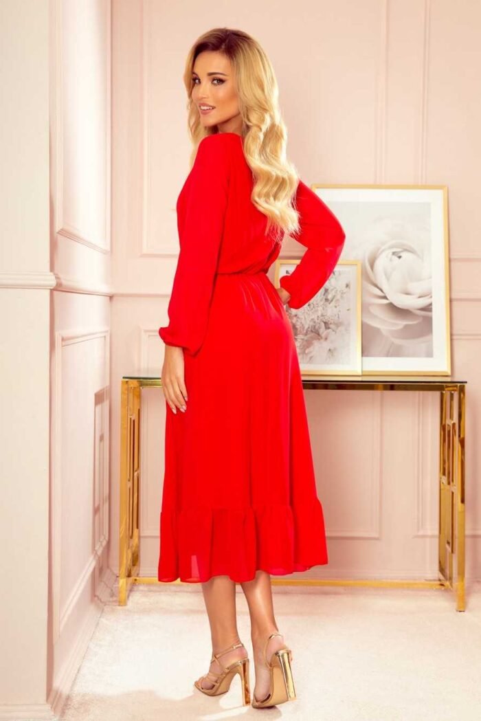 Rotes Chiffon Rüschen Midikleid Größe L – Bild 3