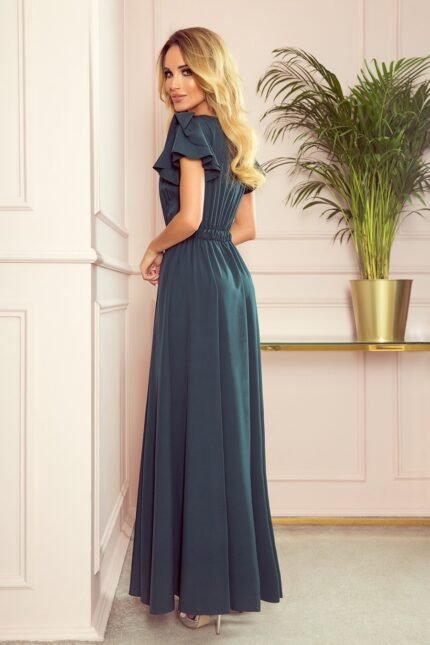 Grünes tailliertes Maxikleid mit Schlitz