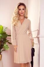 Plissiertes Langarm Chiffonkleid Beige