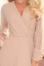 Plissiertes Langarm Chiffonkleid Beige – Bild 4