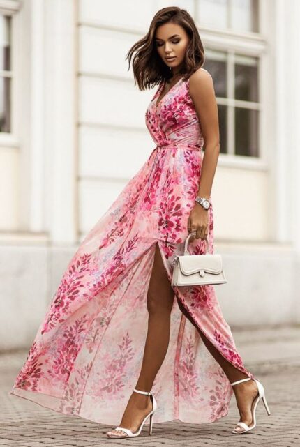 Buntes spektakuläres Chiffon Maxikleid mit Schlitz