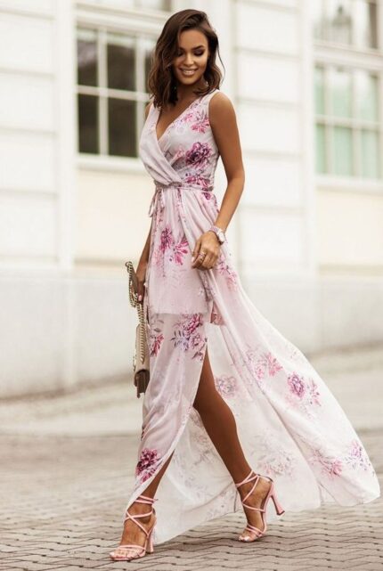 Weisses Chiffon Maxikleid mit Blumen