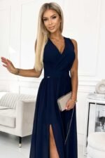Langes Abendkleid mit Schlitz in Marine – Bild 4