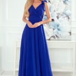 Blaues langes Abendkleid mit Schlitz und Schleifen