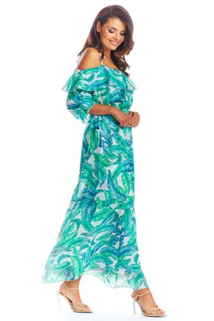 Grünes Chiffon Maxikleid mit Carmenausschnitt