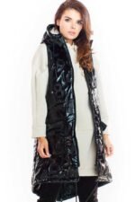 Schwarze lange glänzende Weste im Parka Stil