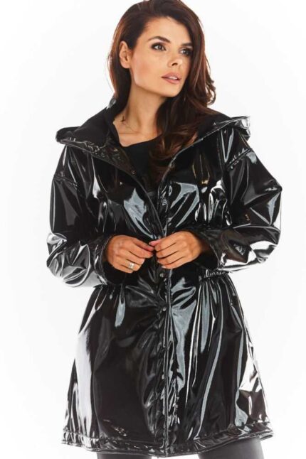 Schwarze taillierte Regenjacke mit Kapuze