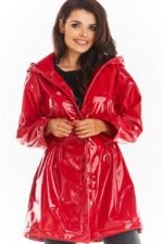 Glänzende rote taillierte Regenjacke mit Kapuze – Bild 5