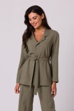 Verschlussloser Blazer mit Bindegürtel in Oliv