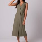 Klassisch elegantes ärmelloses Midikleid in Oliv