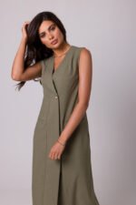 Klassisch elegantes ärmelloses Midikleid in Oliv – Bild 2