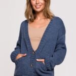 Blaue kurze Strickjacke mit Knöpfen