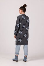 Dunkelgraue lange Jacquard Strickjacke mit Rosenmuster – Bild 3