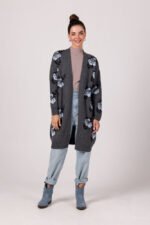 Dunkelgraue lange Jacquard Strickjacke mit Rosenmuster – Bild 2
