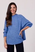 Blauer Rundhals Pullover mit Fledermausärmel – Bild 3