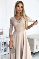 Elegantes Abendkleid mit Spitzenoberteil in Beige – Bild 4