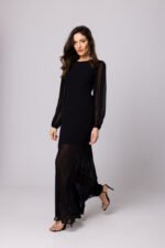 Schwarzes langes Chiffon Maxikleid mit offenem Rücken – Bild 2