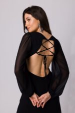 Schwarzes langes Chiffon Maxikleid mit offenem Rücken – Bild 3