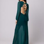 Flaschengrünes langes Chiffon Maxikleid mit offenem Rücken