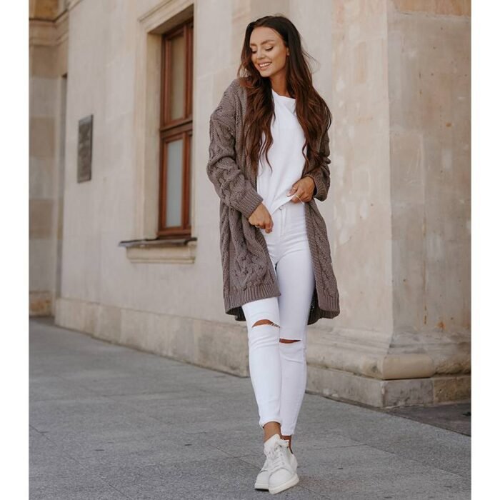 Chic gemusterte Grobstrickjacke Cappuccino