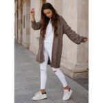 Chic gemusterte Grobstrickjacke Cappuccino