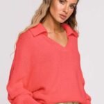 Lockerer Strickpullover mit Kragen Koralle