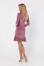 Rosa Langarm Samtkleid mit gerüschtem Saum – Bild 3