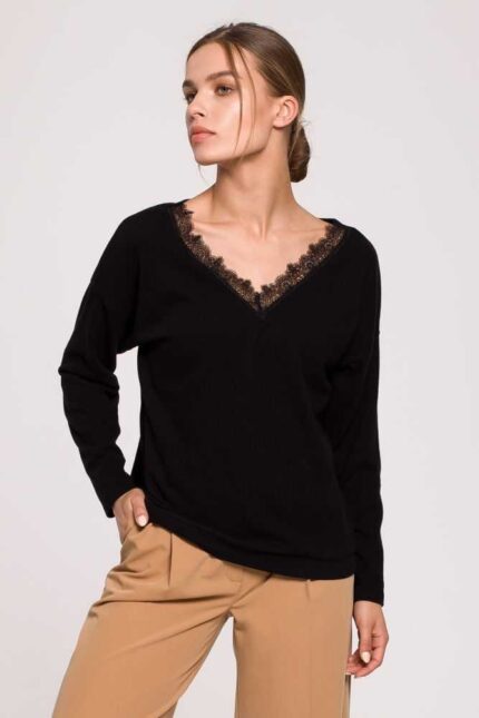 Schwarzer Baumwoll Pullover mit Spitze Gr. S/M