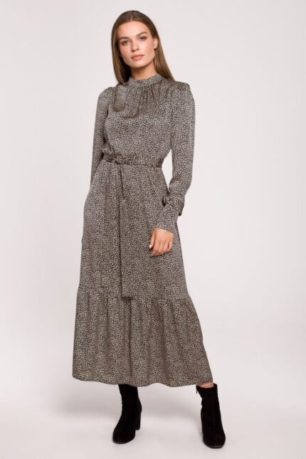 Gemustertes Langarm Maxikleid mit Stehkragen