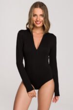 Schwarzer Langarm Body mit V-Ausschnitt – Bild 3