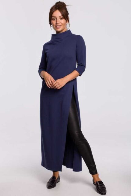 Blaues langes Sweatshirtkleid mit Rollkragen