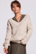 Grobstrickpullover mit V-Ausschnitt Beige