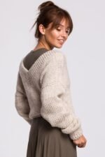 Grobstrickpullover mit V-Ausschnitt Beige – Bild 2