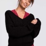 Schwarzer Grobstrickpullover mit V-Ausschnitt