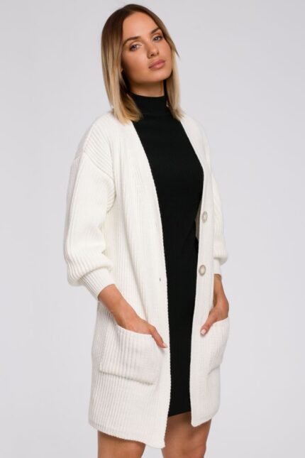 Lange Grobstrickjacke in Ecru