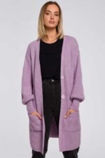 Lange gerippte Grobstrickjacke in Lila