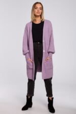 Lange gerippte Grobstrickjacke in Lila