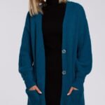 Lange gerippte Grobstrickjacke in Ozeanblau