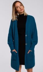 Lange gerippte Grobstrickjacke in Ozeanblau