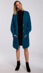 Lange gerippte Grobstrickjacke in Ozeanblau