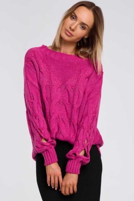Strickpullover im Zopfmuster in Fuchsia