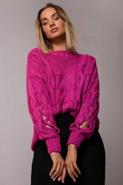 Strickpullover im Zopfmuster in Fuchsia