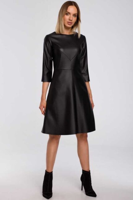 Schwarzes Kunstleder Kleid in A-Linie