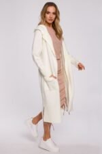 Lange Strickjacke mit Kapuze in Ecru – Bild 2