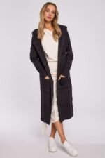 Lange Strickjacke mit Kapuze in Dunkelgrau